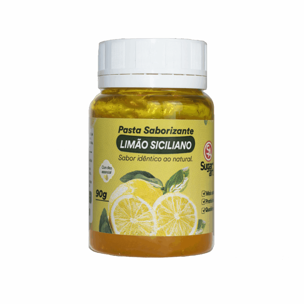 Com óleo essencial de limão siciliano, a Pasta Sugar Art entrega sabor cítrico natural e sofisticado para recheios, bolos e sobremesas refrescantes.
