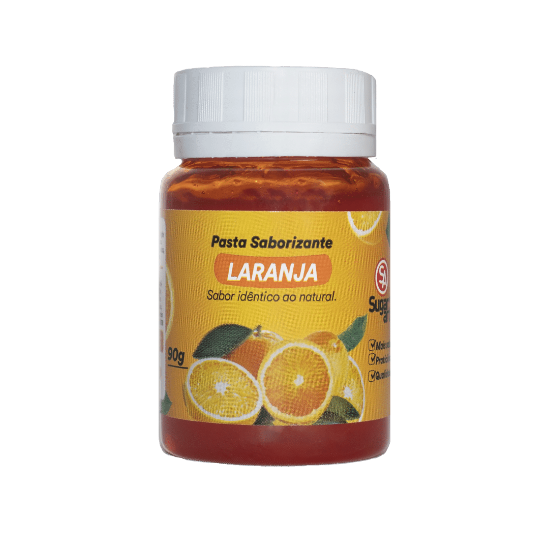 Pasta de Laranja Sugar Art com aroma natural. Sabor fresco e cítrico para bolos, recheios, mousses, sorvetes e sobremesas leves.