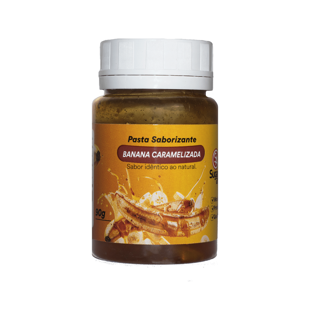 Com banana e caramelo reais, a Pasta Sugar Art oferece um sabor caseiro e intenso para bolos, recheios, doces e sorvetes com toque gourmet.